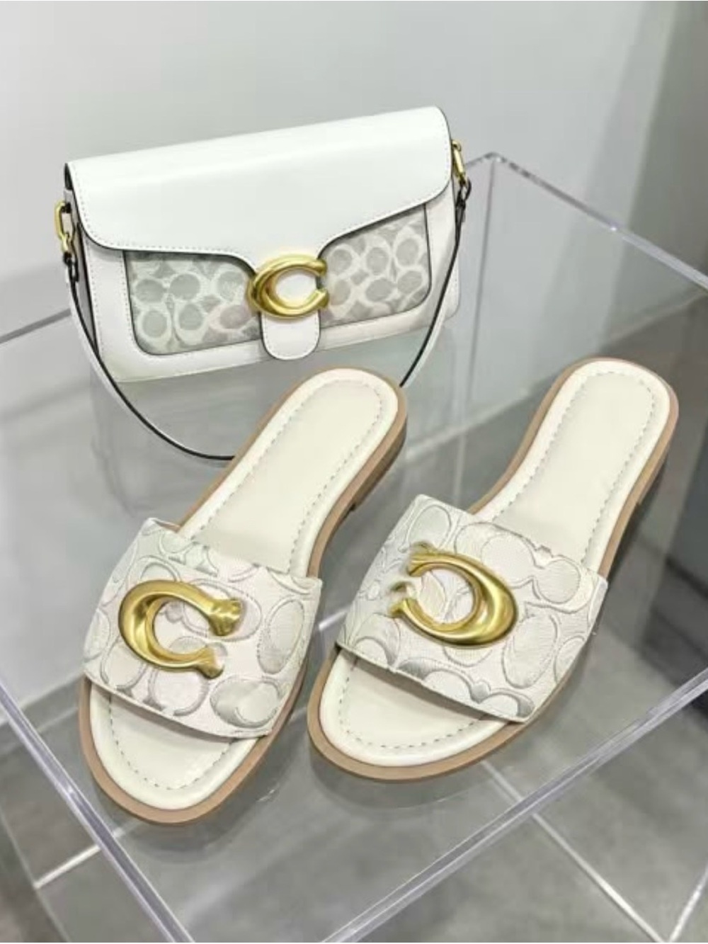 Coach Cream/Gold Signature C-Emblem Slide Sandals